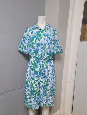 Women's DKNY Midi Dress Size 4 Blue Green Floral Shirt Dress